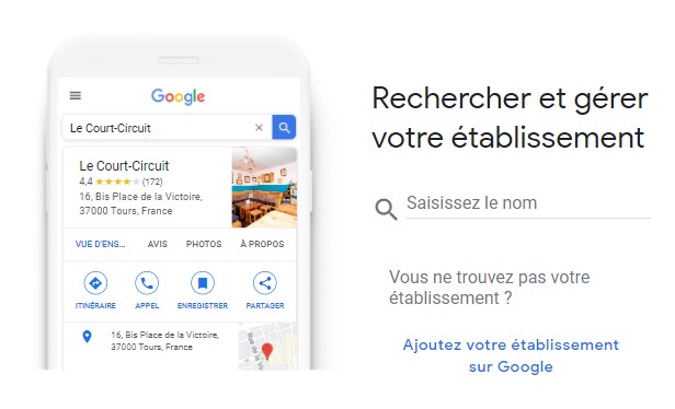 Capture d'écran de l'interface Google My Business - Rechercher et gérer votre établissement